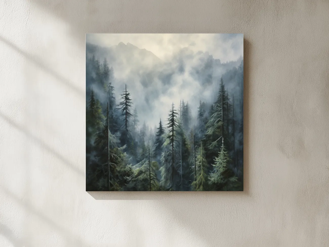 Moody Misty Pine Forest Mountains - Atmospheric Landscape Painting Wall Art