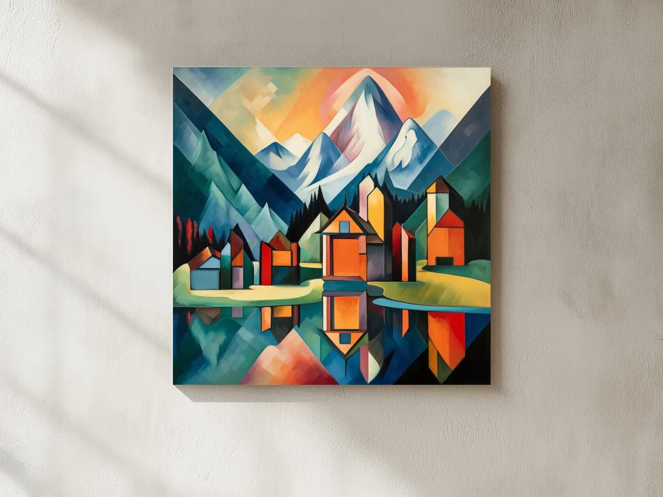 Colorful Geometric Alpine Village Lake Painting - Modern Abstract Mountain Wall Art
