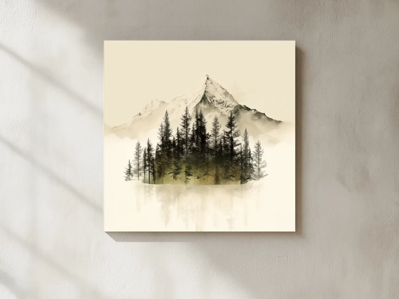 Misty Alpine Mountain Pine Forest Artwork - Minimalist Landscape Wall Art