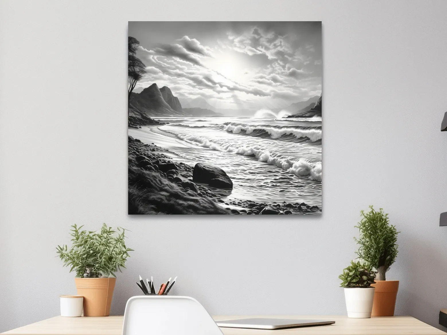 Black and white drawing of a sunny beach scene