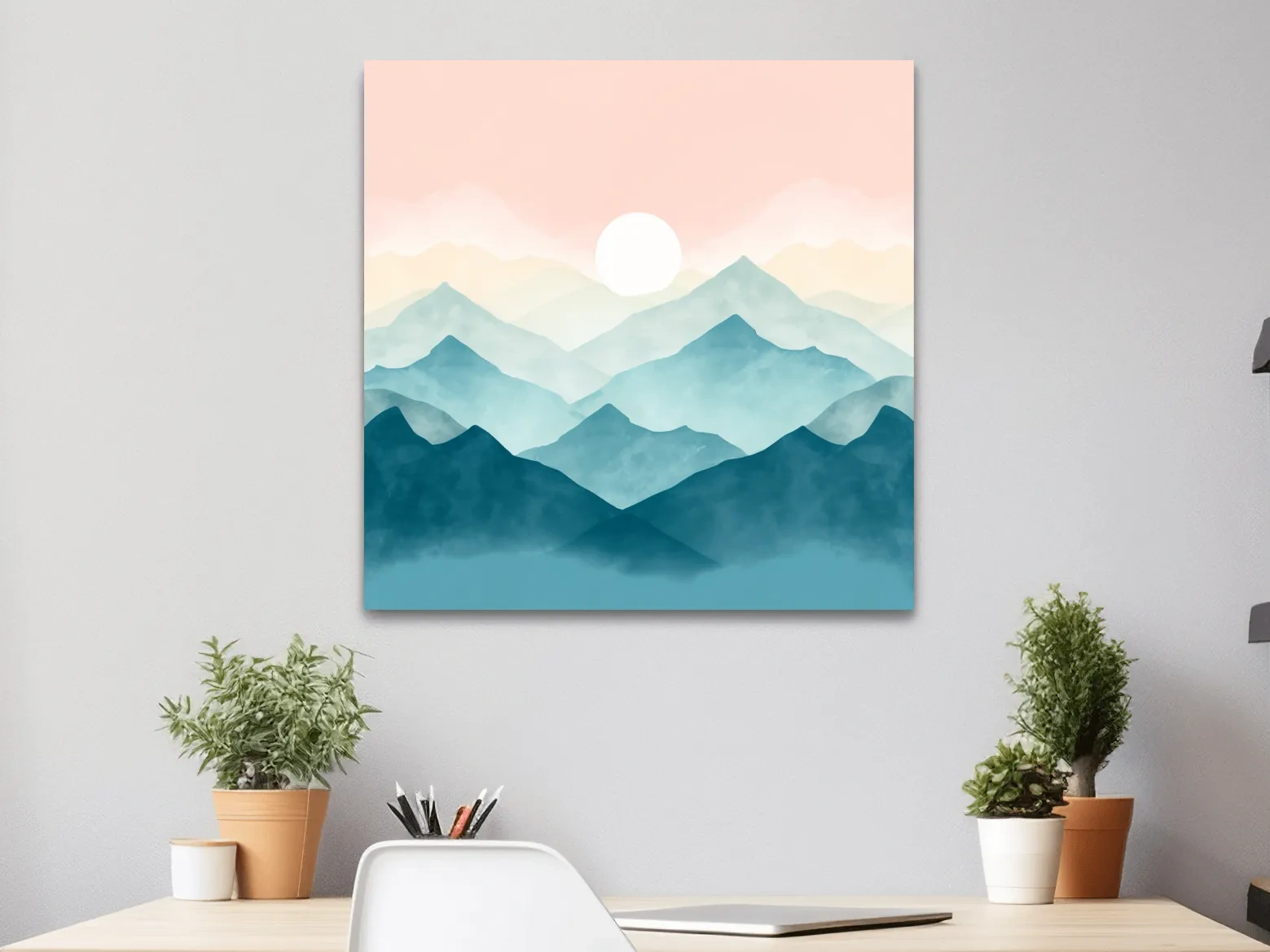 Minimalist Watercolor Misty Mountain Sunrise - Pastel Alpine Landscape Wall Art