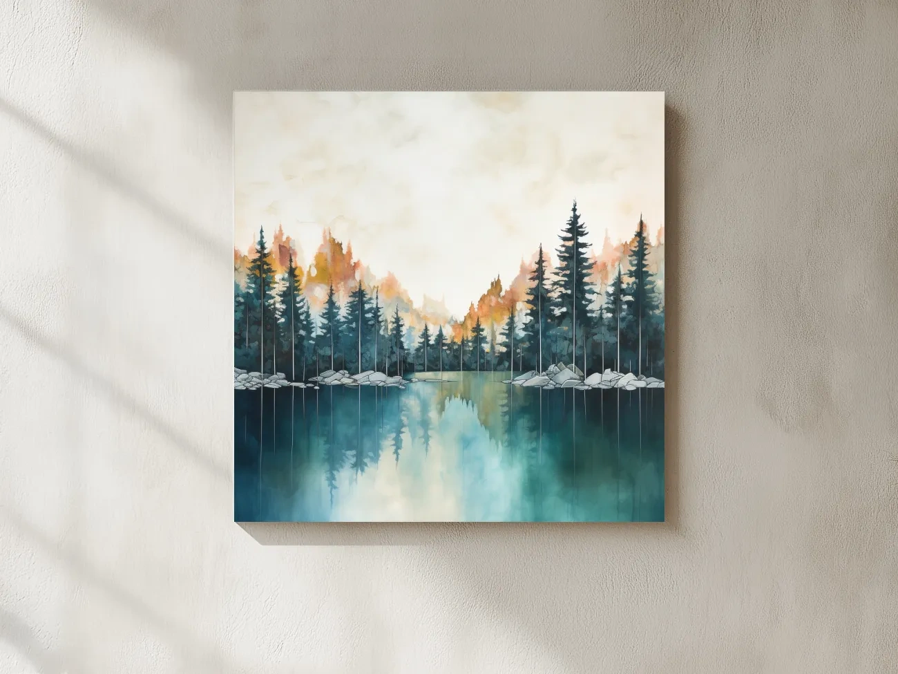 Misty Forest Lake Watercolor Painting - Serene Landscape Wall Art