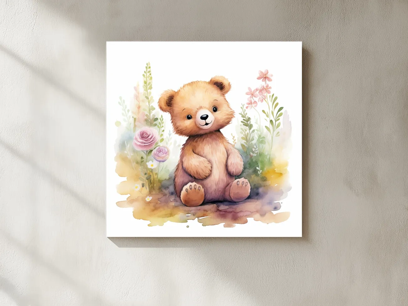 Cute Watercolor Teddy Bear With Pastel Flowers - Nursery Animal Wall Art