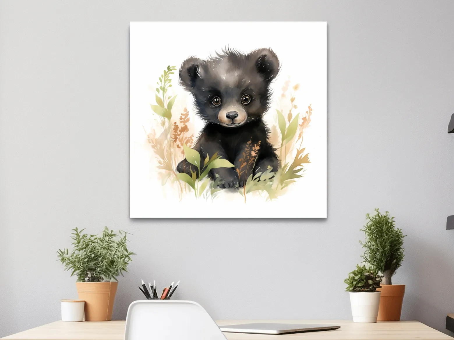 Watercolor painting of a cute black bear cub, nursery art painting