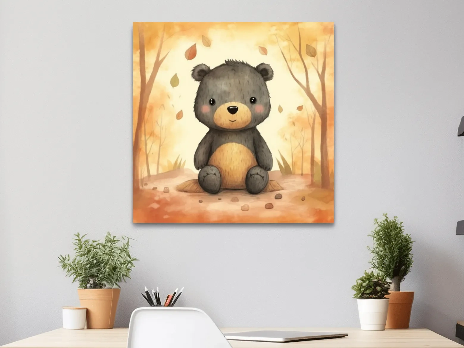 Cute Watercolor Teddy Bear Forest Illustration - Whimsical Nursery Wall Art