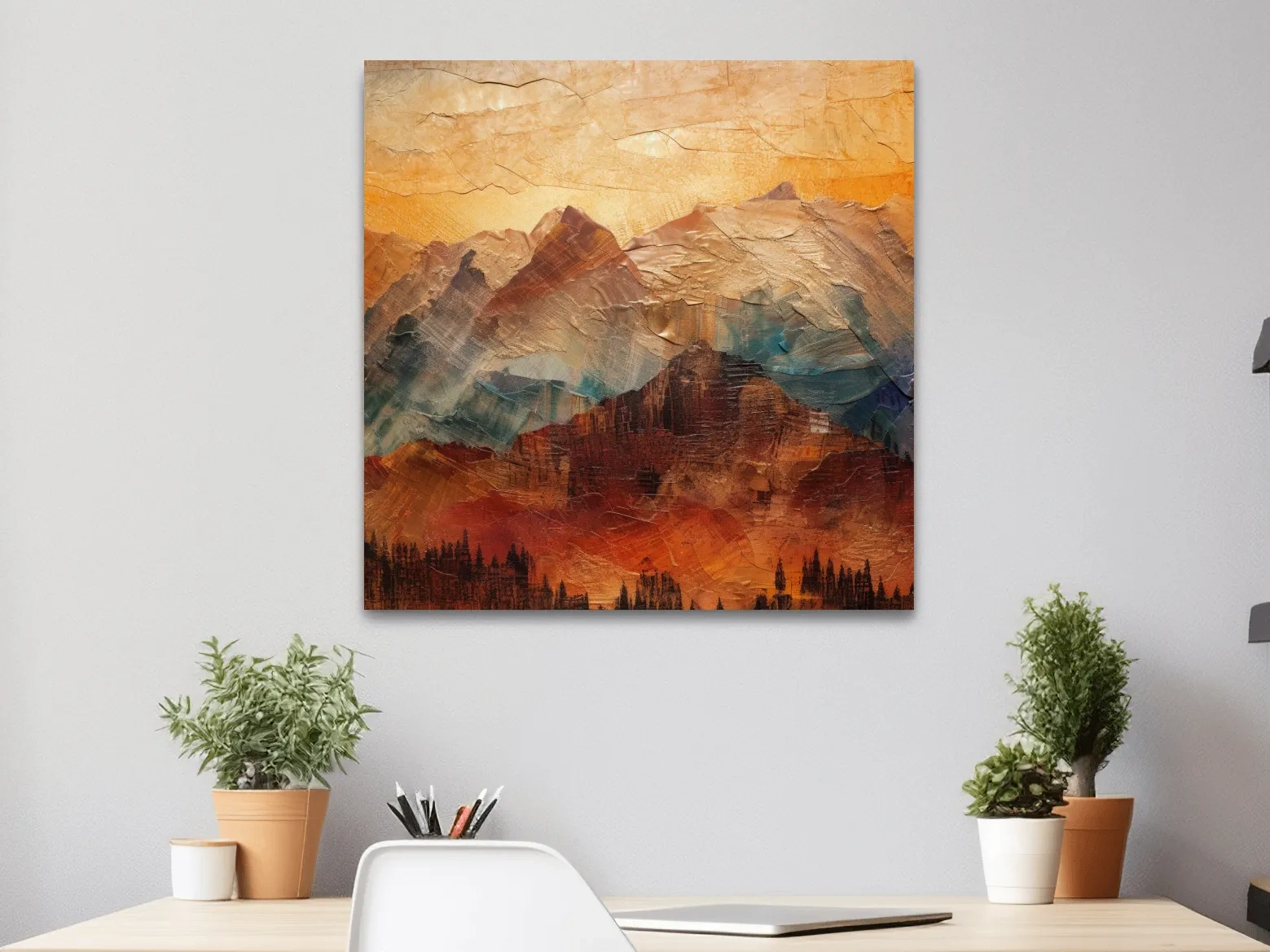 Impasto Style Abstract Mountain Range Sunset - Warm Rustic Landscape Wall Art