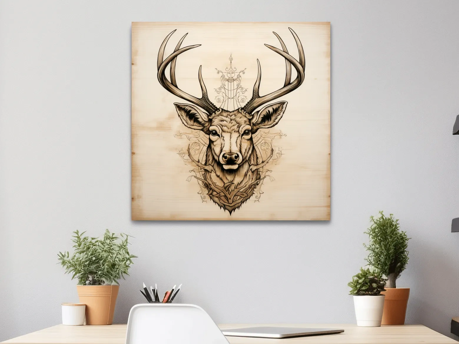 Ornate Deer Head on Wood Sketch Illustration - Rustic Wildlife Wall Art