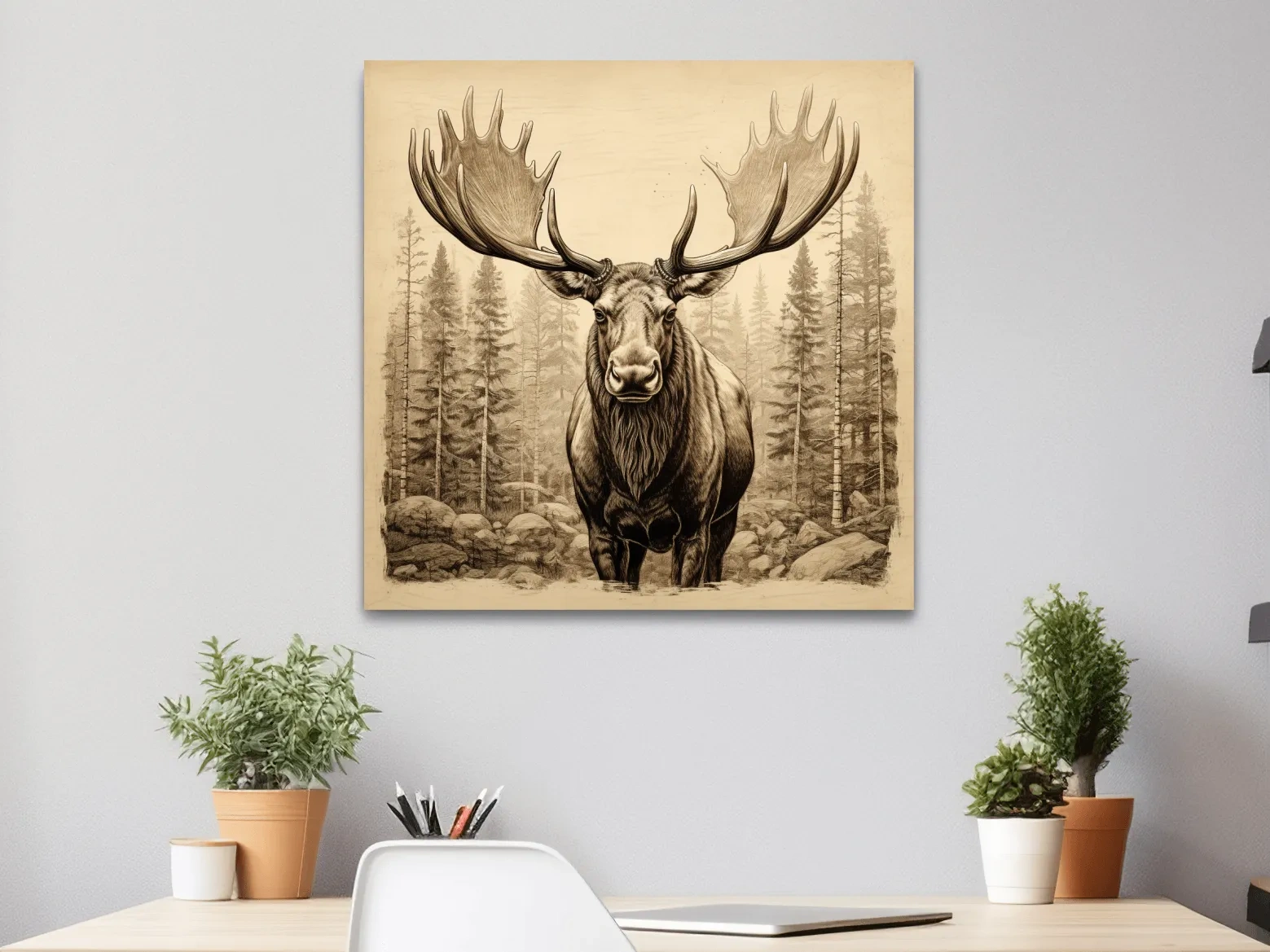 Majestic Moose Portrait Sketch - Vintage Sepia Wildlife Wall Art