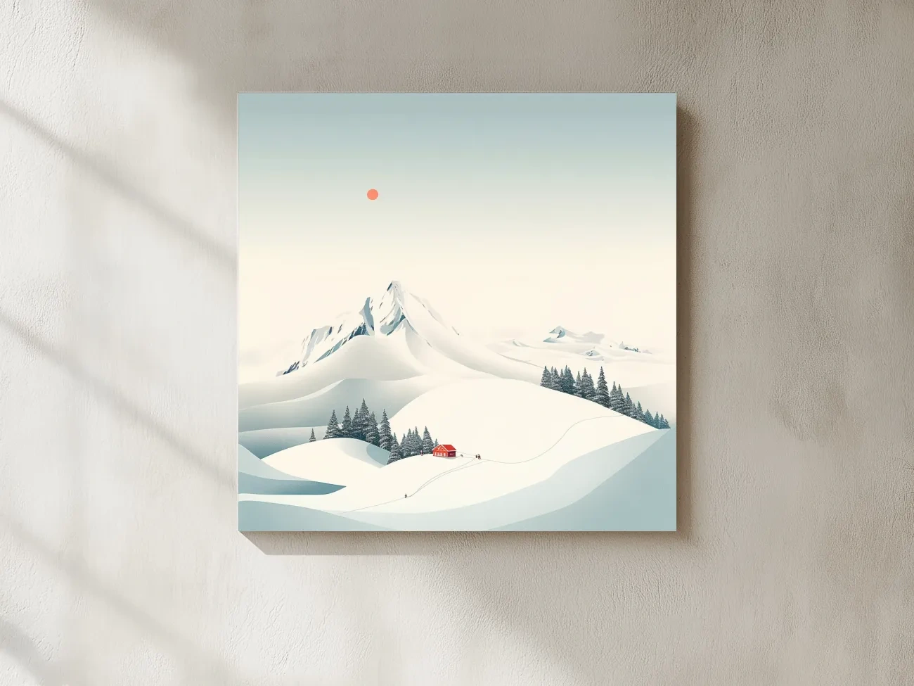 Minimalist Snowy Mountain Cabin Landscape - Winter Wall Art