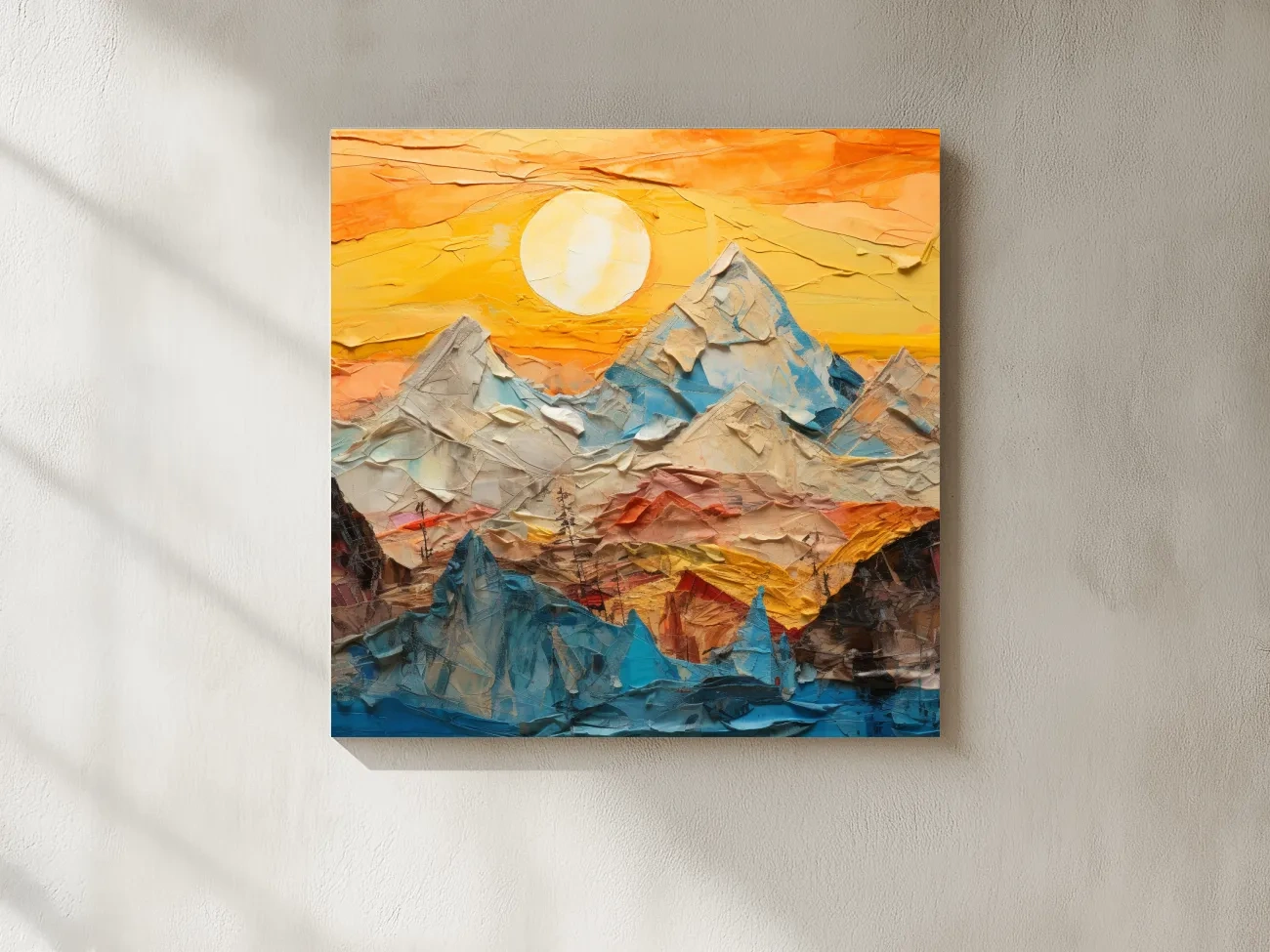 Collage Mountain Sunrise Painting - Warm Abstract Landscape Wall Art