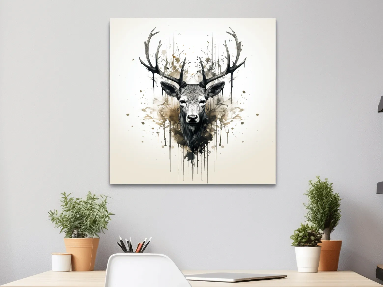 Watercolor Stag Portrait Rorschach Ink Splatter - Rustic Wildlife Artwork