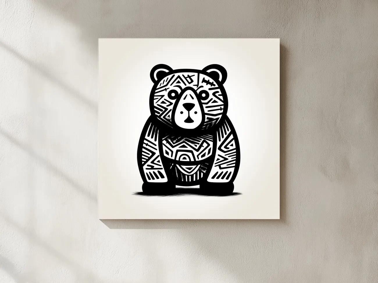 Tribal Pattern Bear Illustration - Quirky Black And White Animal Wall Art
