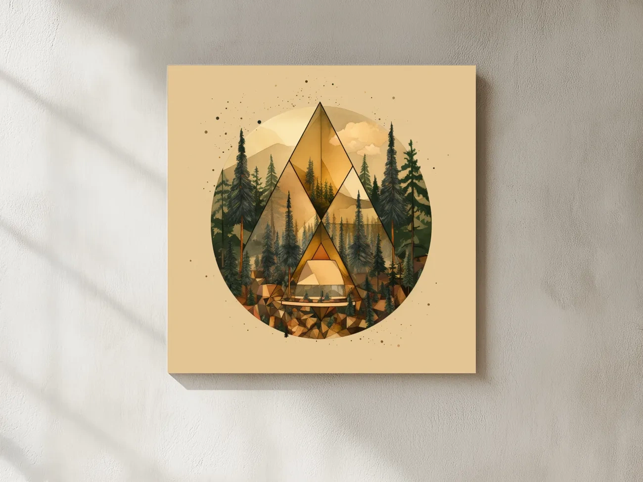 Geometric Mountain Cabin Forest Landscape - Modern Abstract Nature Wall Art
