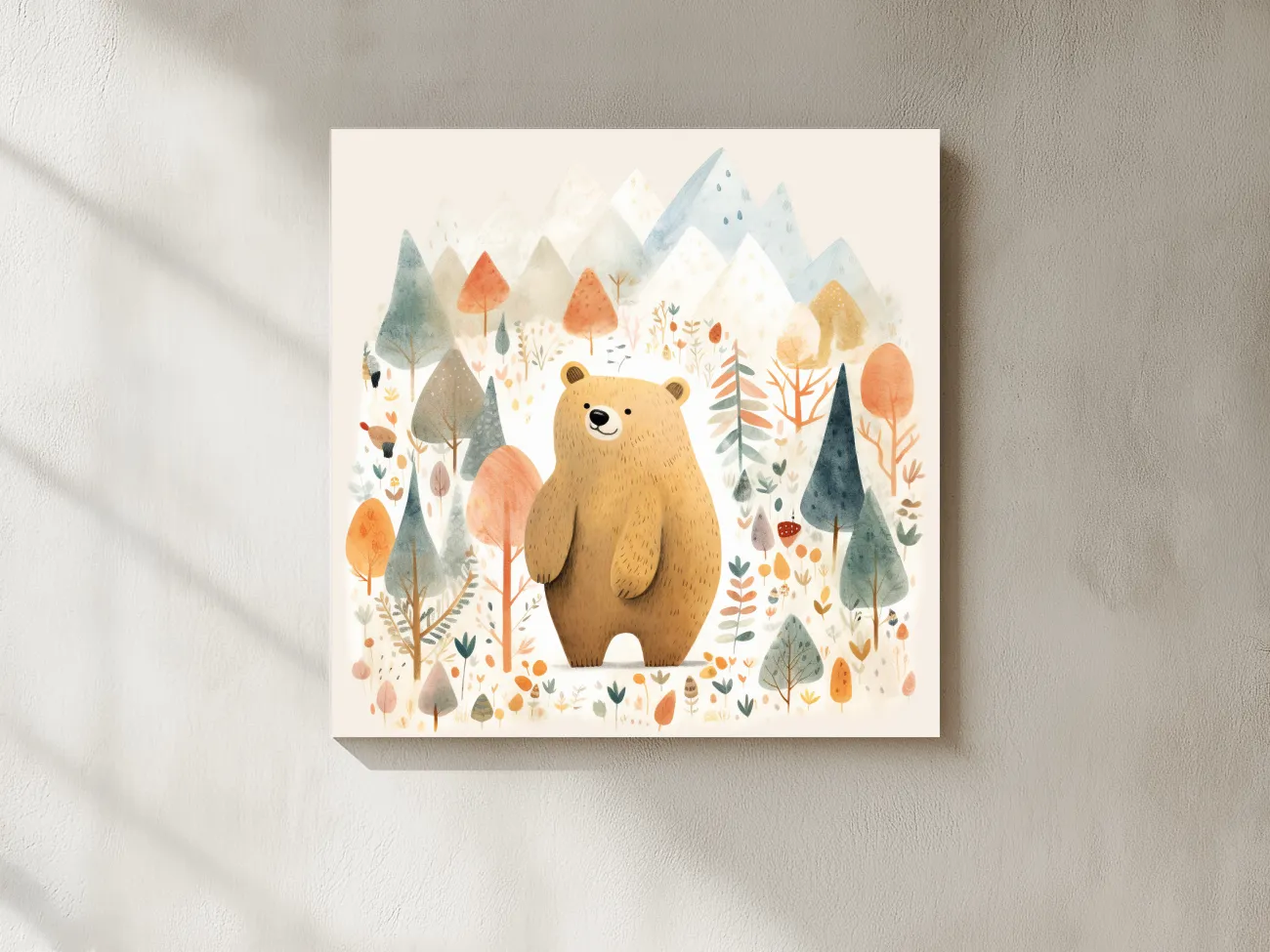 Cute Watercolor Bear In Mountain Forest - Whimsical Nursery Wall Art