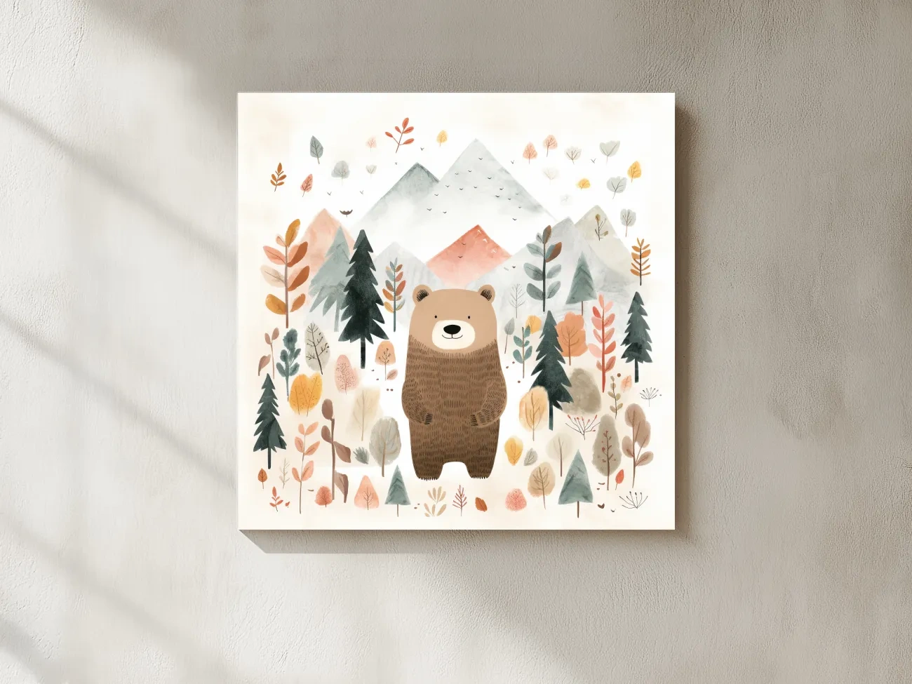 Cute Watercolor Bear Bear In Forest - Whimsical Mountain Nursery Wall Art