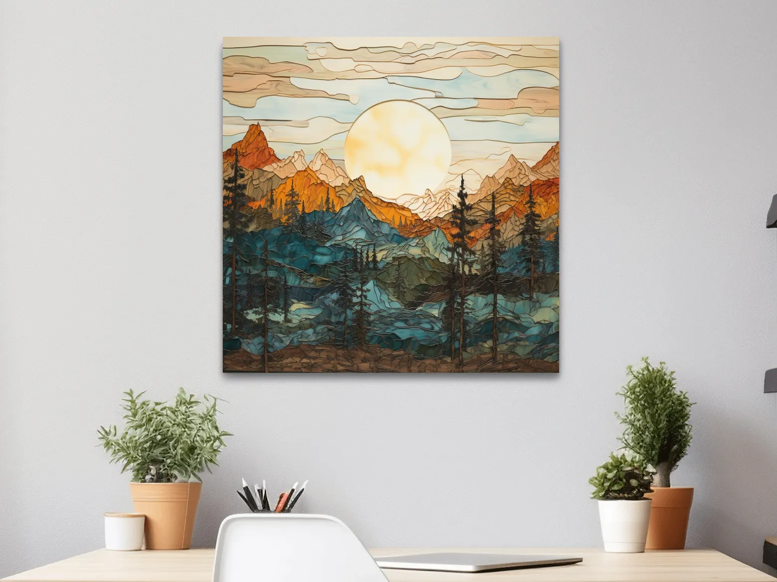 Stained Glass Mountain Sunset Landscape - Colorful Mosaic Forest Wall Art