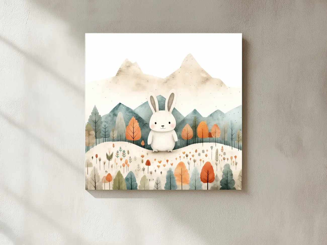 Cute Watercolor Bunny In Mountain Forest - Whimsical Nursery Woodland Wall Art