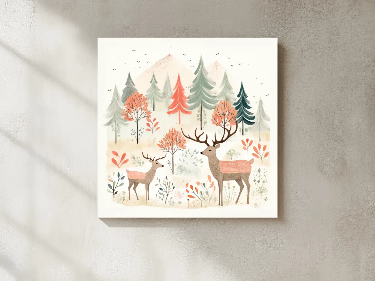 Whimsical Watercolor Deer Forest Storybook Scene - Scandinavian Woodland Nursery Wall Art