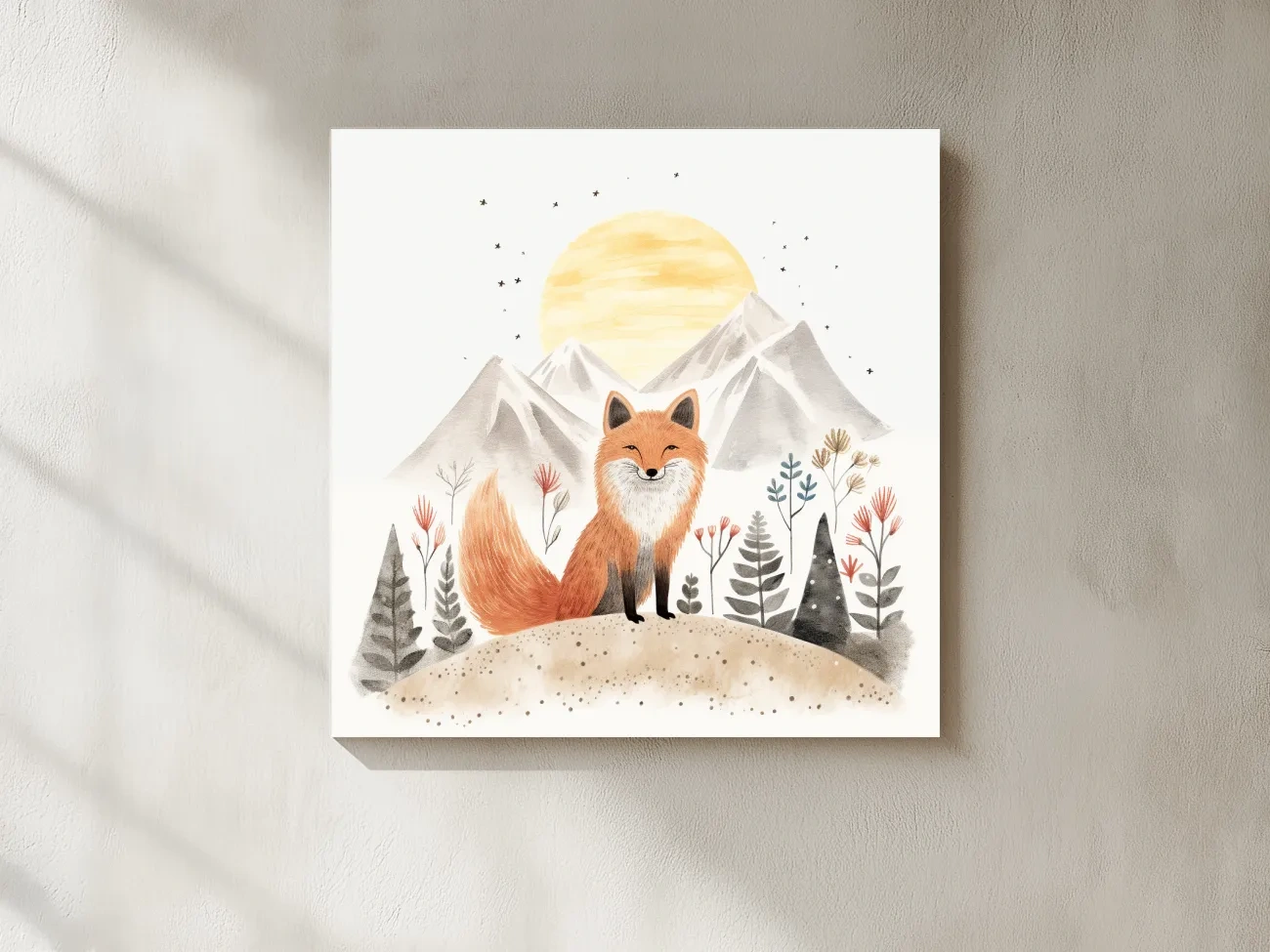 Whimsical Watercolor Fox Mountain Sunrise - Nursery Woodland Animal Wall Art