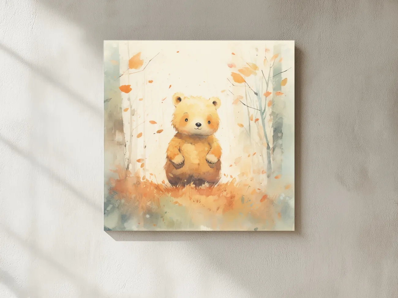 Cute Watercolor Bear Cub In Autumn Forest - Whimsical Nursery Animal Wall Art