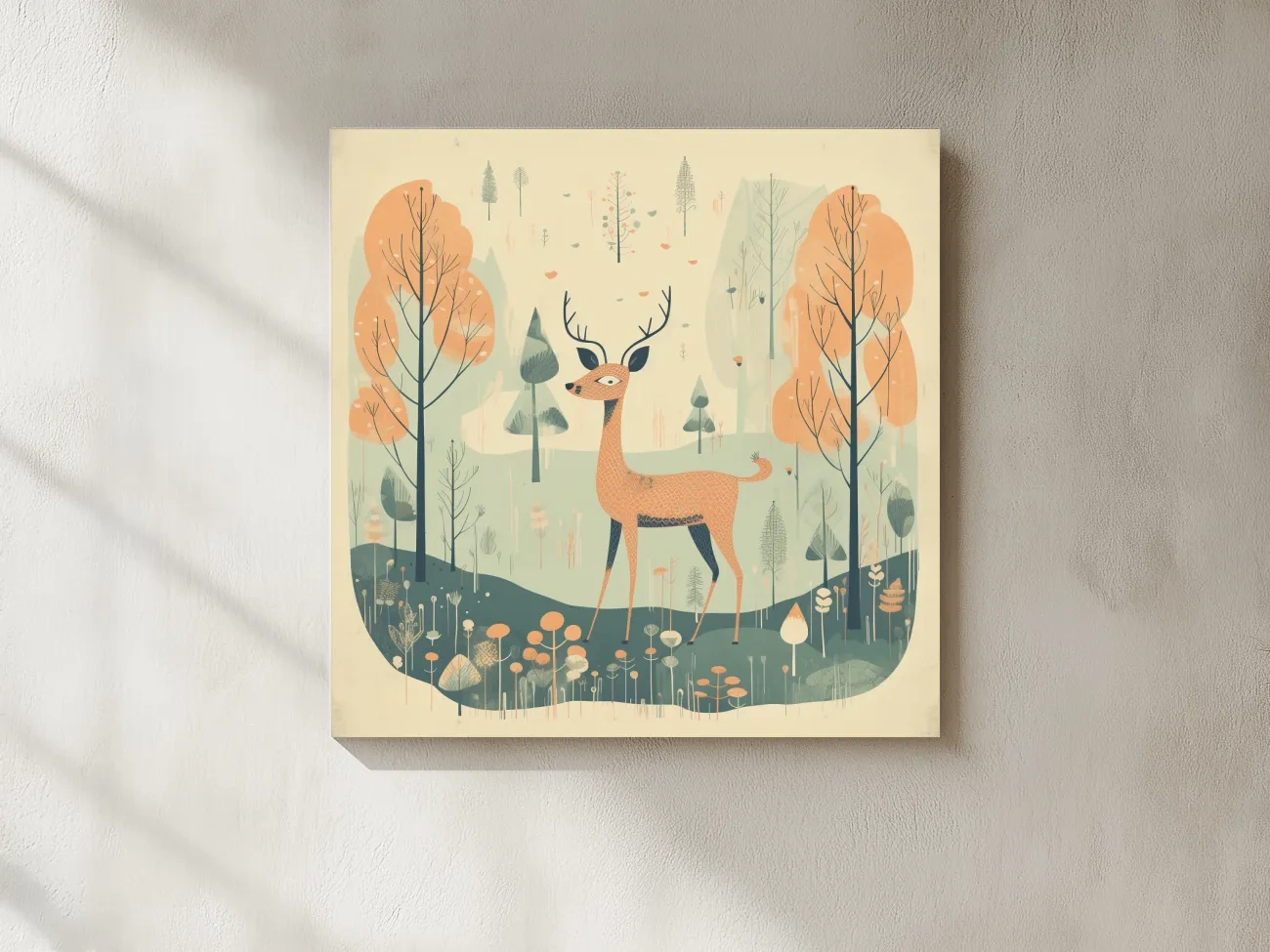 Whimsical Deer in Pastel Forest Illustration - Folk Art Woodland Nursery Wall Art