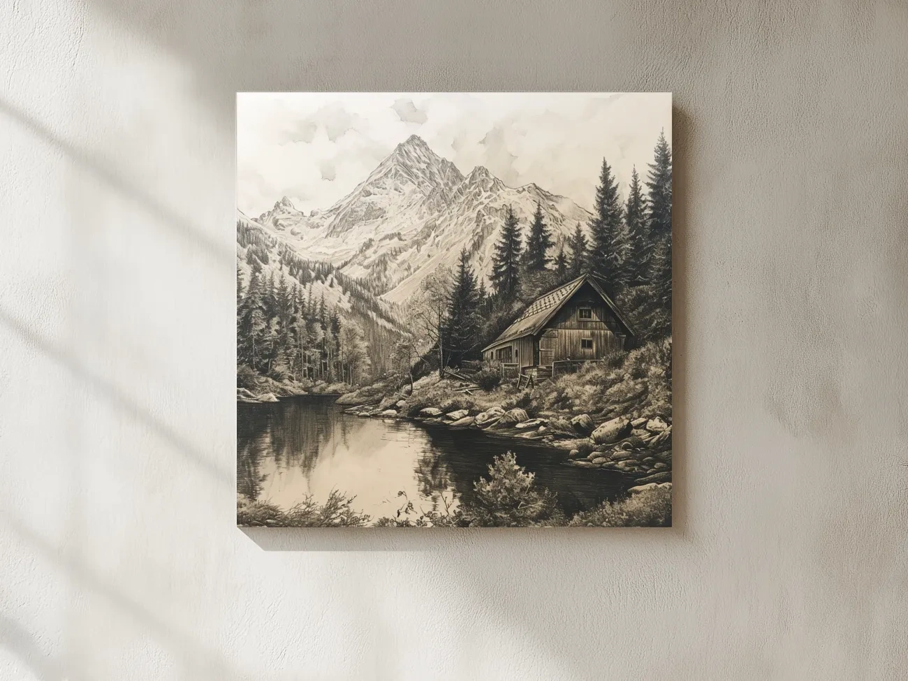 Vintage Sepia Mountain Cabin Lake Scene - Rustic Alpine Forest Landscape Art