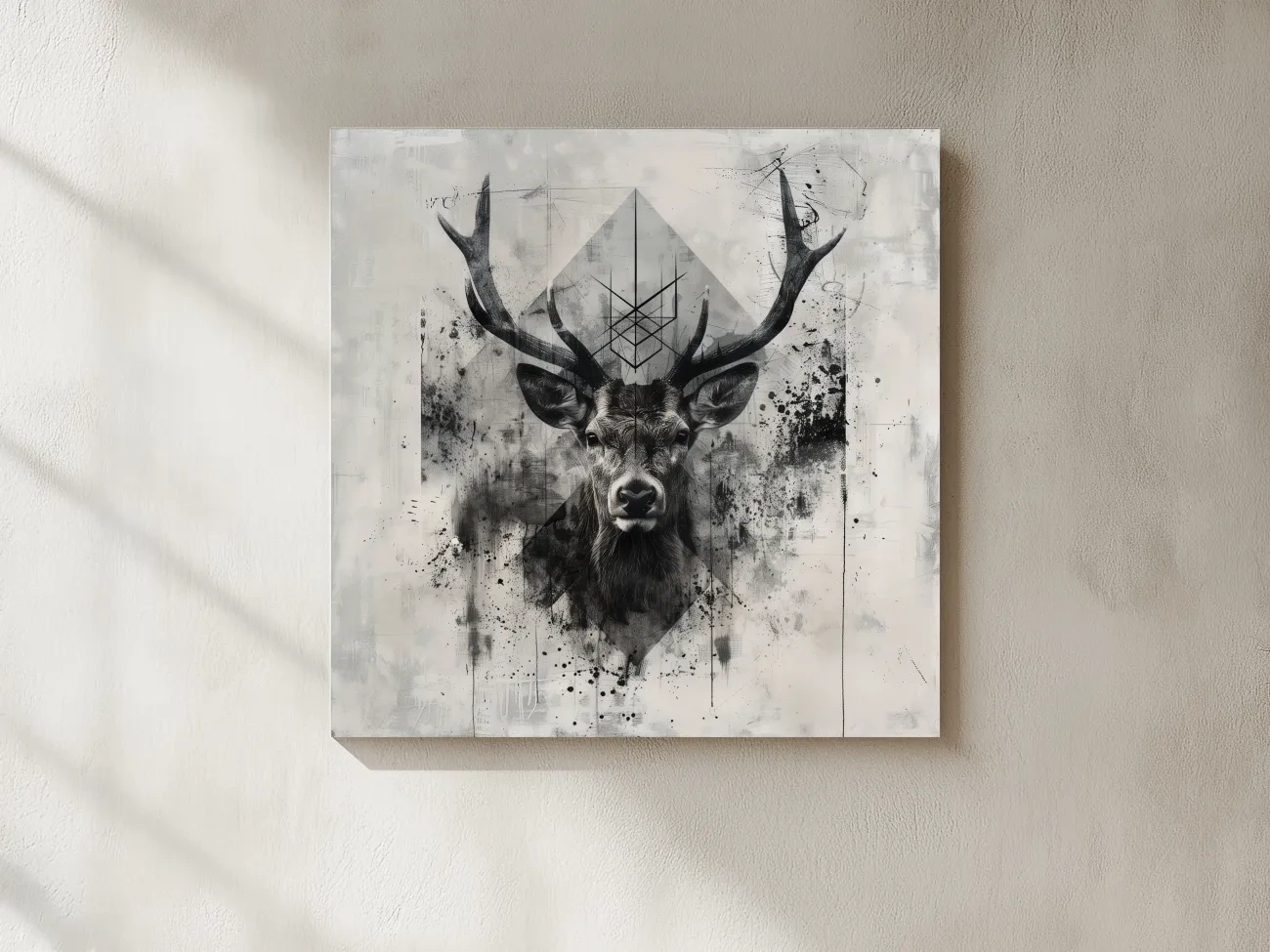 Tribal Monochrome Deer Stag Portrait - Tattoo Style Wildlife Wall Art