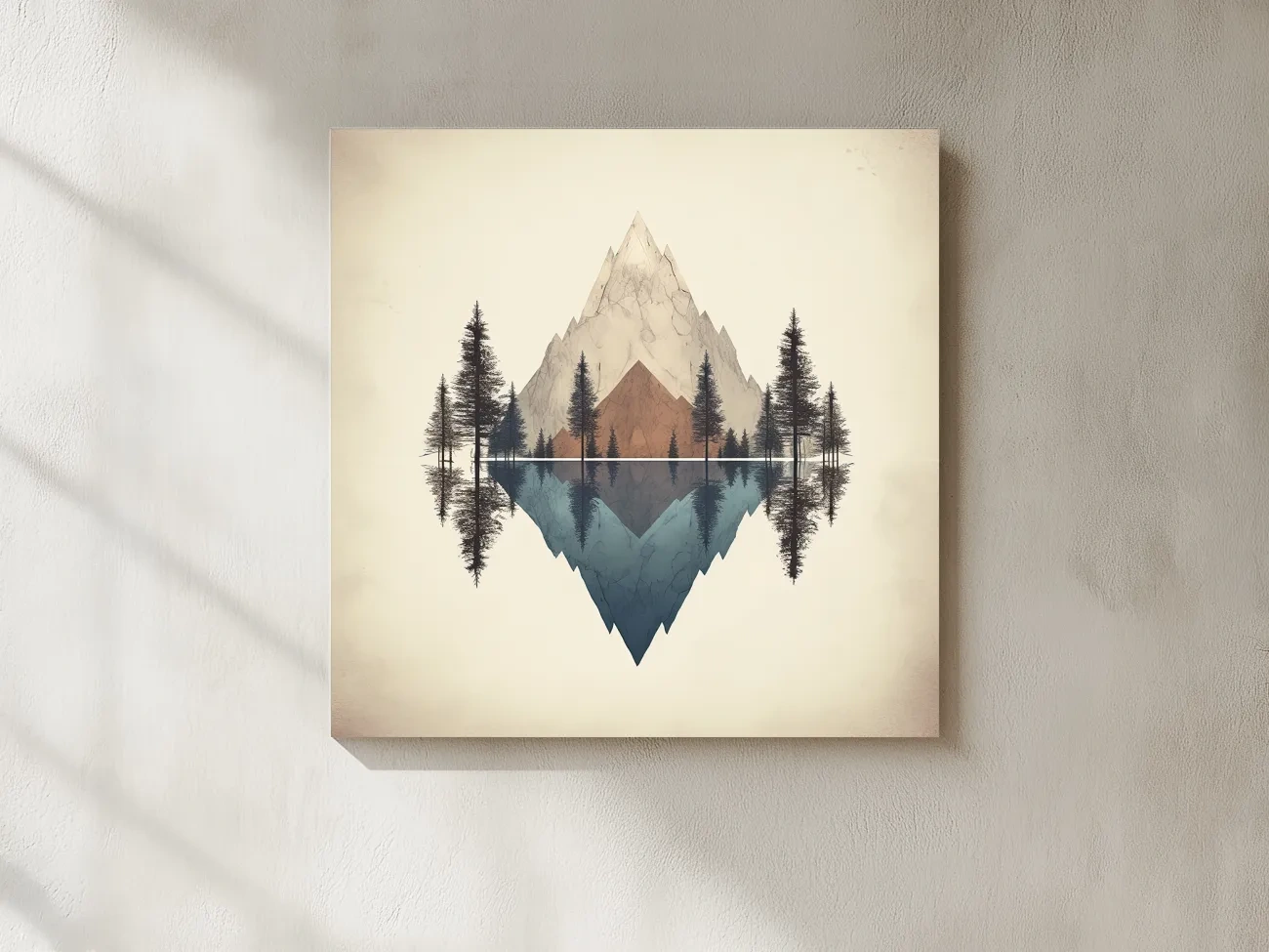 Minimalist Geometric Mountain Lake Reflection - Pine Forest Landscape Wall Art