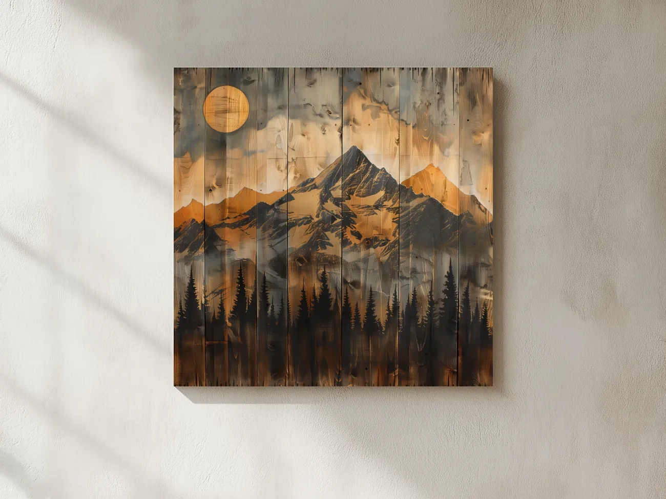 Rustic Woodgrain Mountain Sunset Artwork - Vintage Pine Forest Wall Art