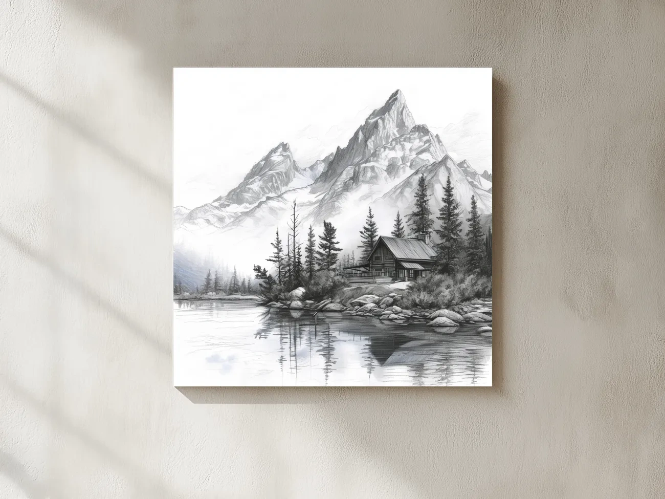 Monochrome Mountain Lake Cabin Sketch - Rustic Alpine Glacier Wall Art