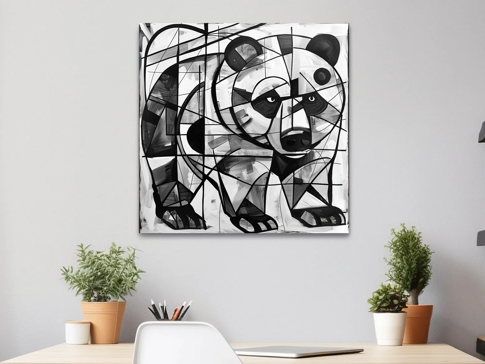 Abstract cubism style painting of a black bear