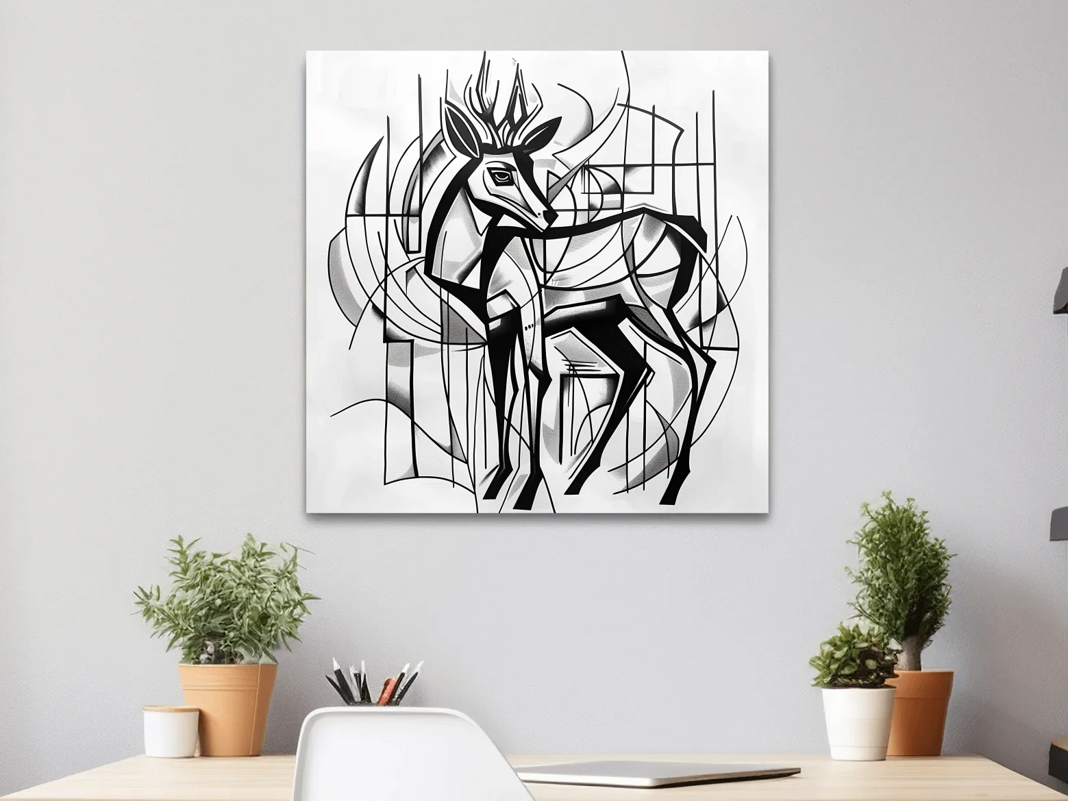 Abstract artwork, geometric deer painting, cubism line art