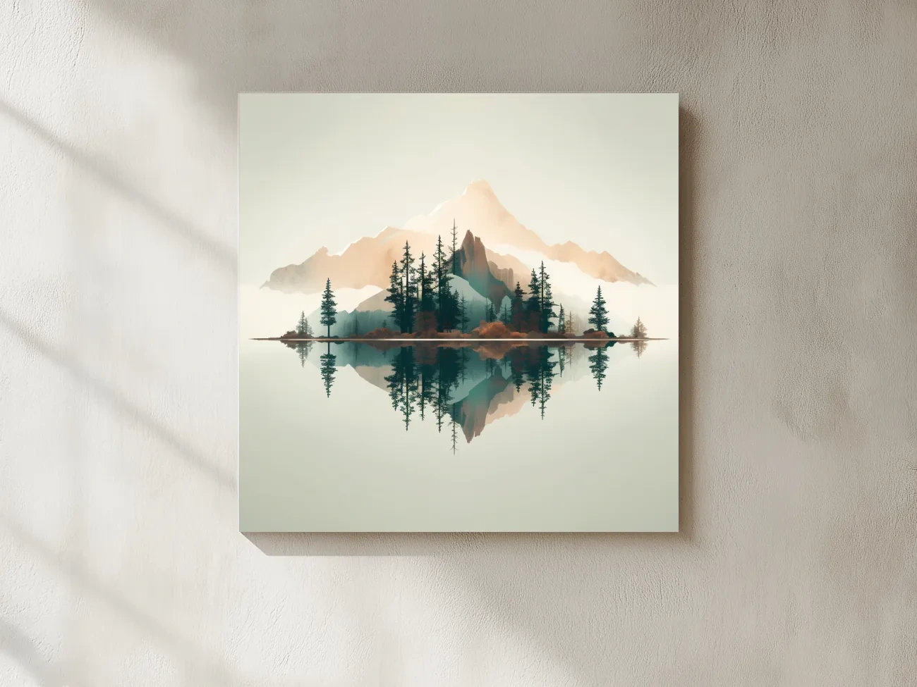 Minimalist Watercolor Mountain Lake Reflection - Serene Pine Forest Landscape Wall Art