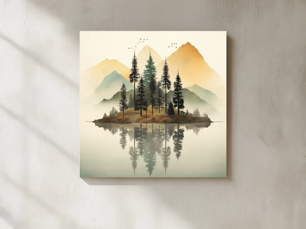 Misty Pine Forest Island Reflection - Minimalist Mountain Lake Wall Art