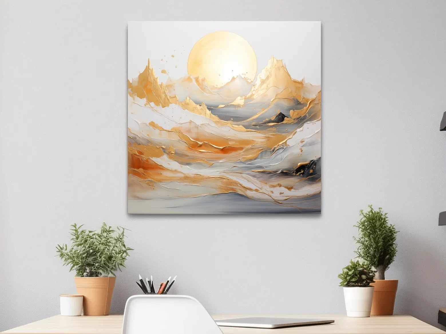Gold Leaf Abstract Mountains Painting - Minimalist Sunrise Landscape Wall Art