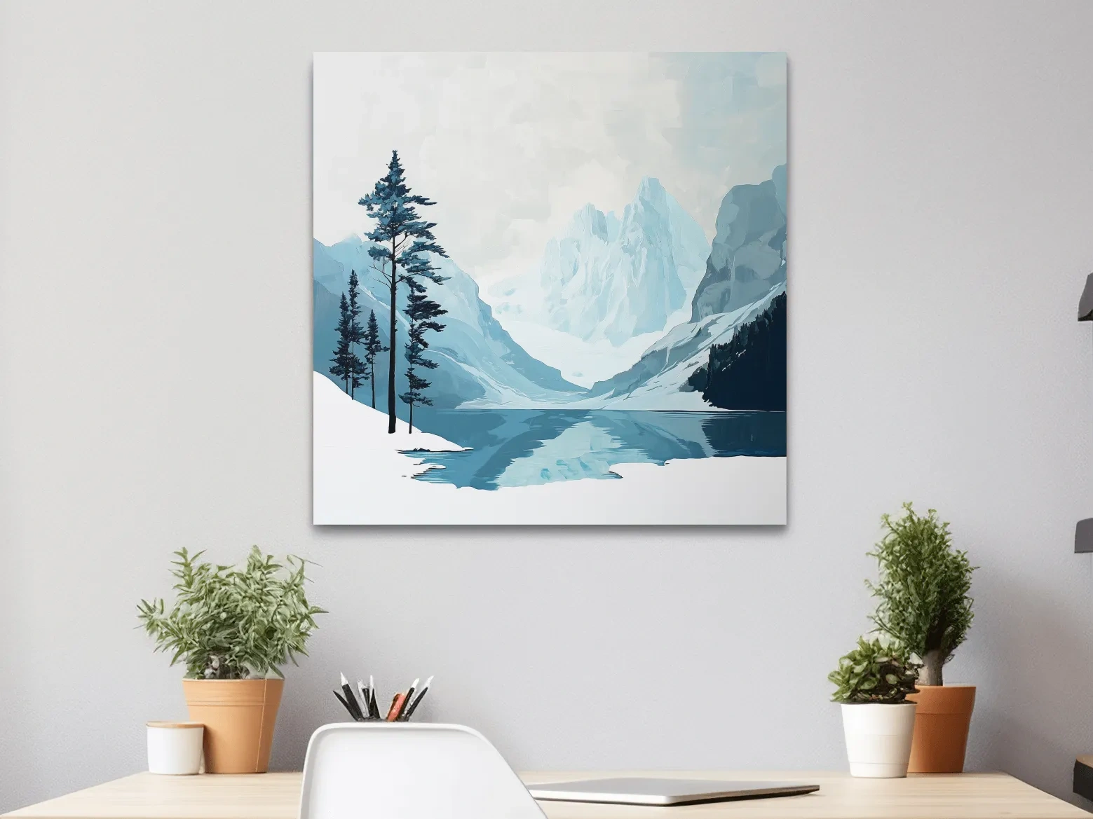 Minimalist Icy Mountain Lake - Scandinavian Winter Landscape Artwork