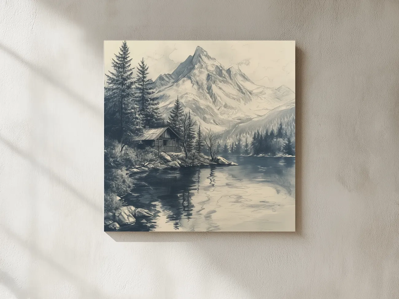 Vintage Alpine Cabin By Mountain Lake - Monochrome Pencil Sketch Landscape Wall Art