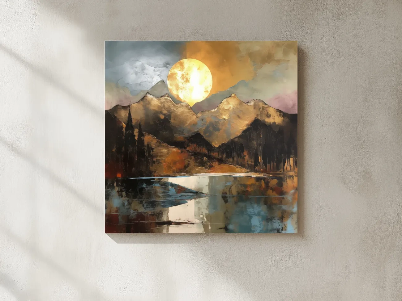 Alpine Mountain Lake Sunset Painting - Golf Leaf Style Wall Art