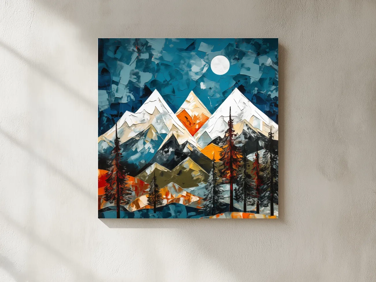 Abstract Impasto Style Mountain Nightscape - Moonlit Alpine Landscape Wall Art