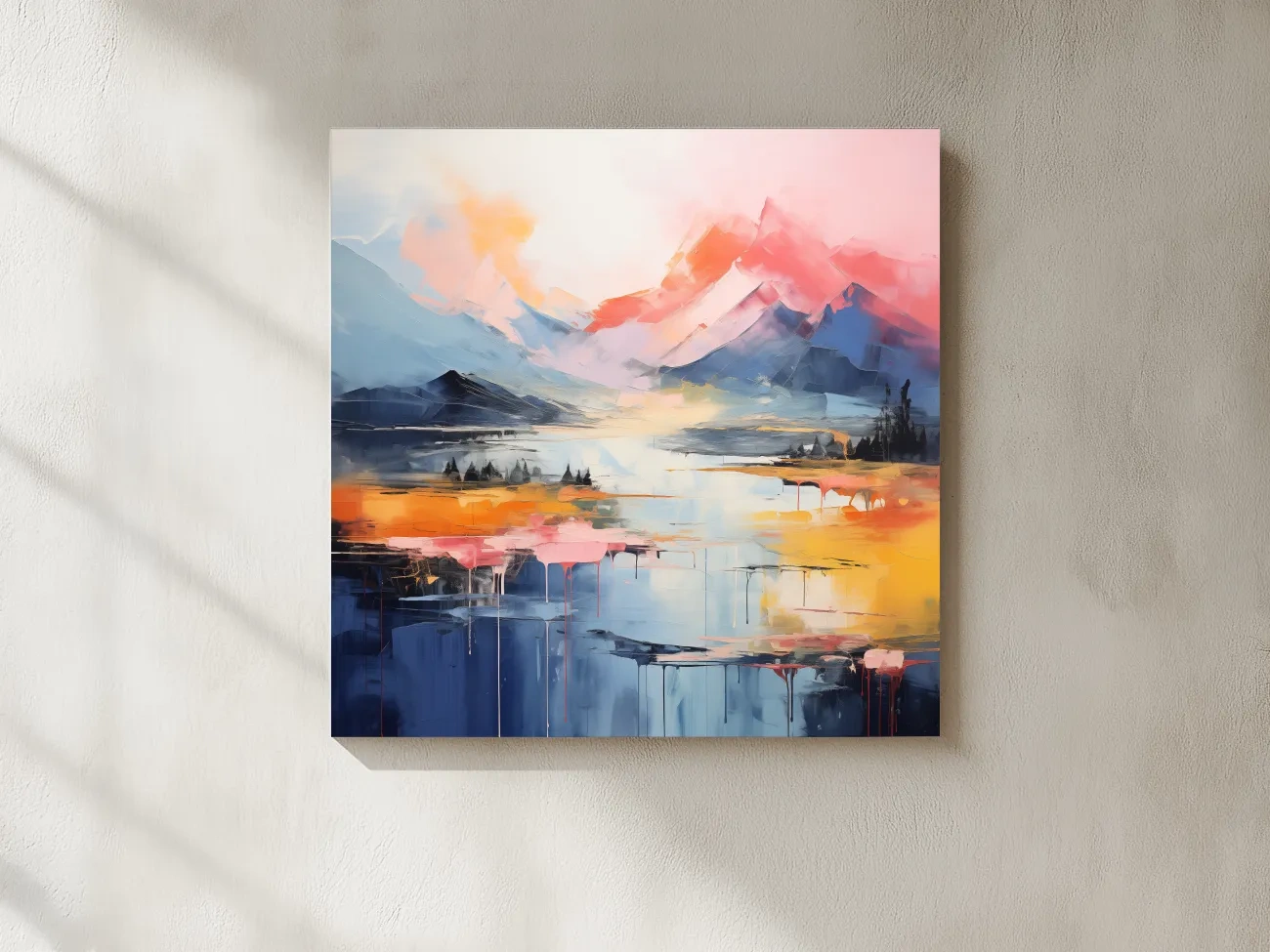 Vibrant Abstract Mountain Lake Sunset Painting - Colorful Modern Landscape Wall Art