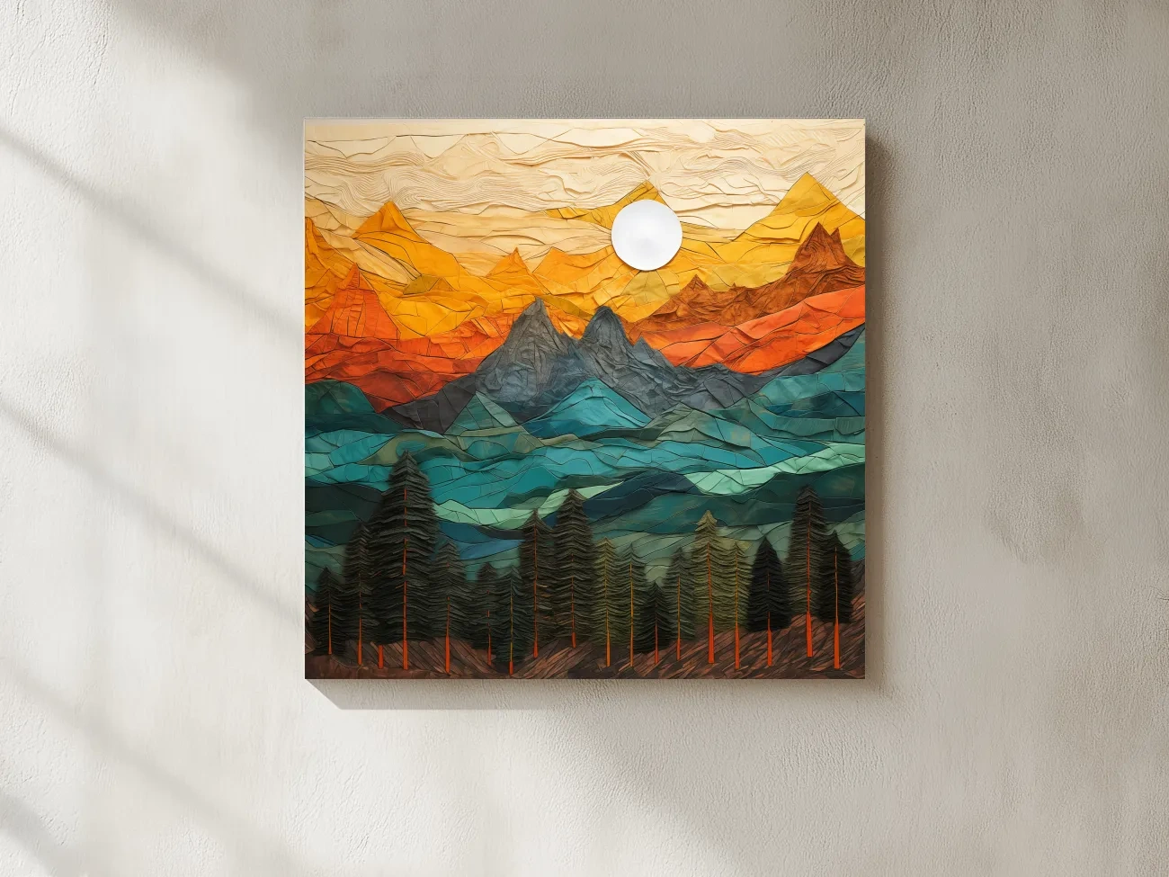 Layered Paper Cut Style Mountain Sunset - Colorful Abstract Forest Landscape Wall Art