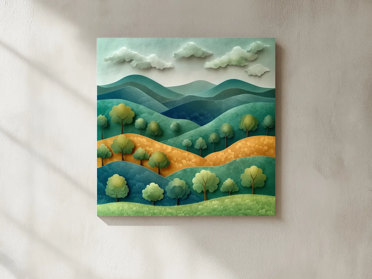 Whimsical Paper Cut Forest Hillscape - Layered 3D Mountains Landscape Wall Art