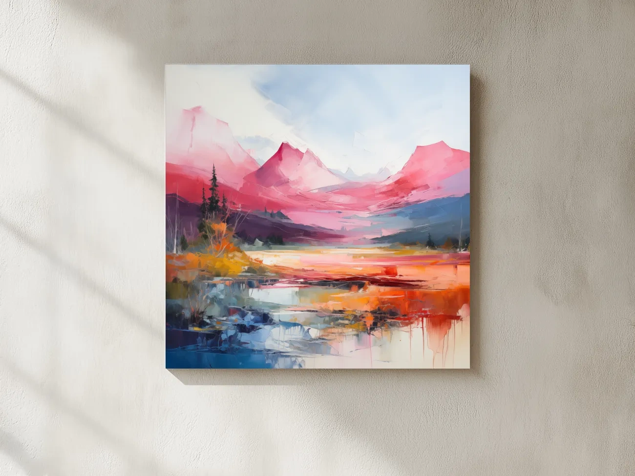 Vibrant Abstract Impressionist Alpine Lake Sunset Painting - Colorful Mountain Wall Art