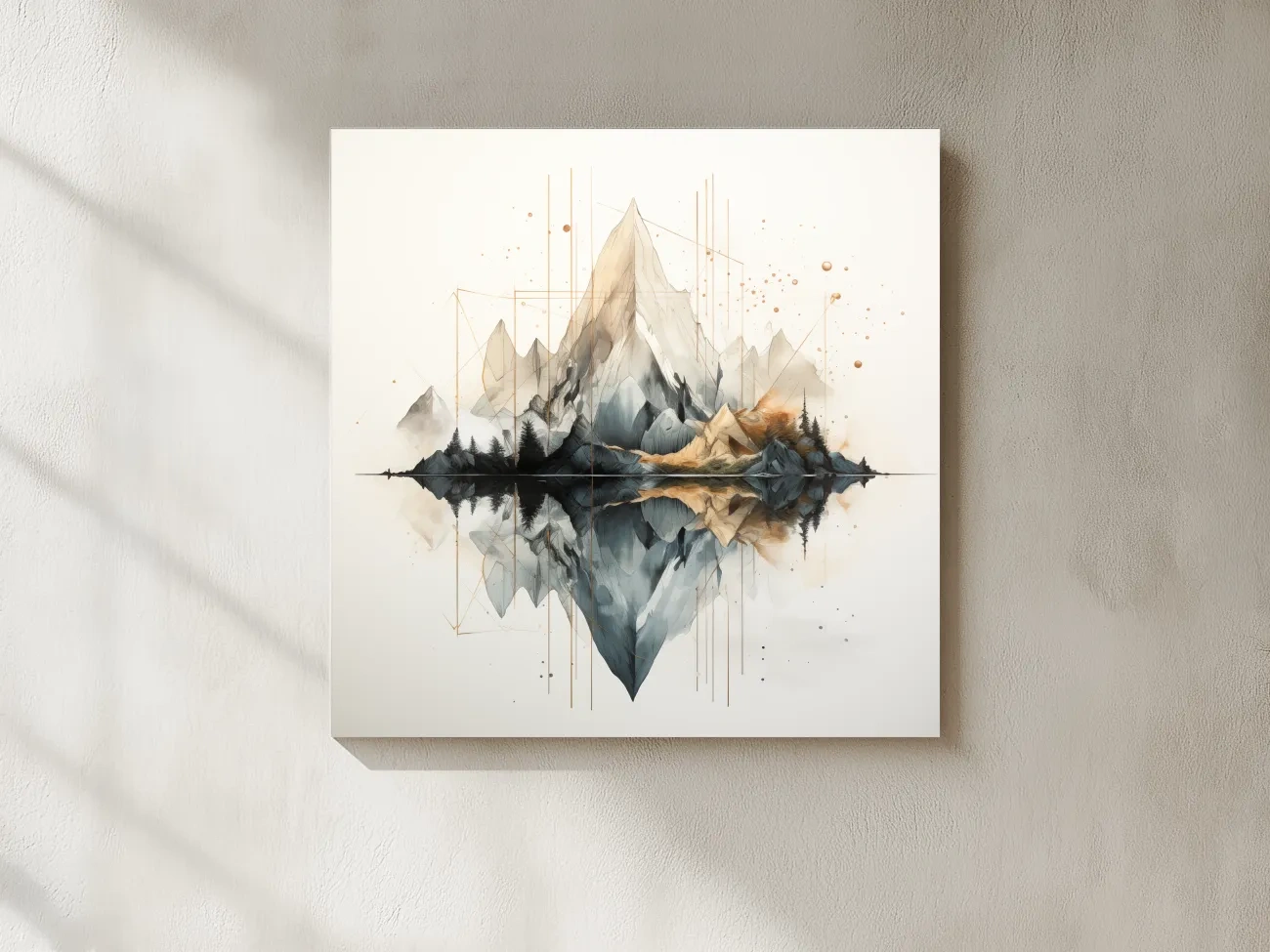 Geometric Watercolor Mountain Reflection Landscape - Modern Minimalist Wall Art