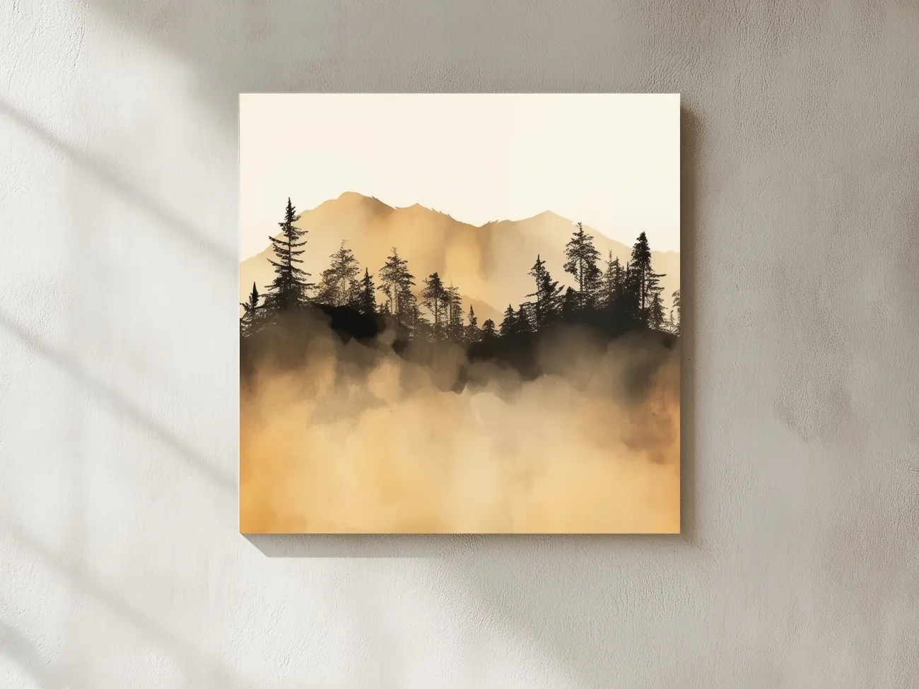 Misty Golden Mountain Pine Forest - Sepia Watercolor Landscape Wall Art