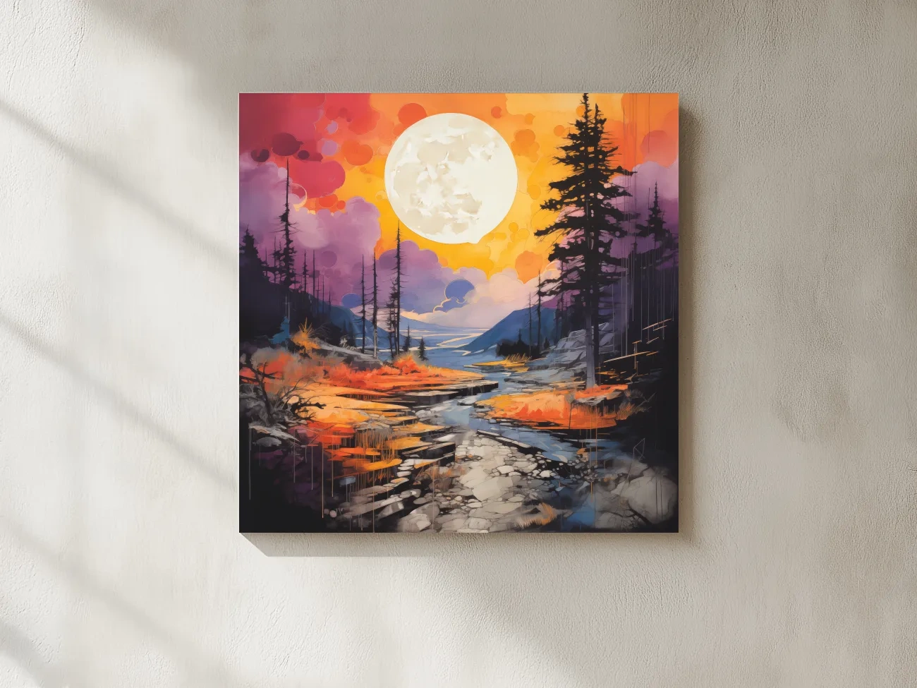 Vibrant River Valley Landscape Illustration - Abstract Sunset Forest Wall Art