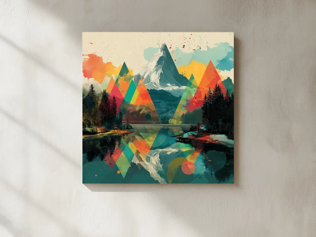 Vibrant Abstract Mountain Lake Collage Art - Colorful Alpine Wall Art