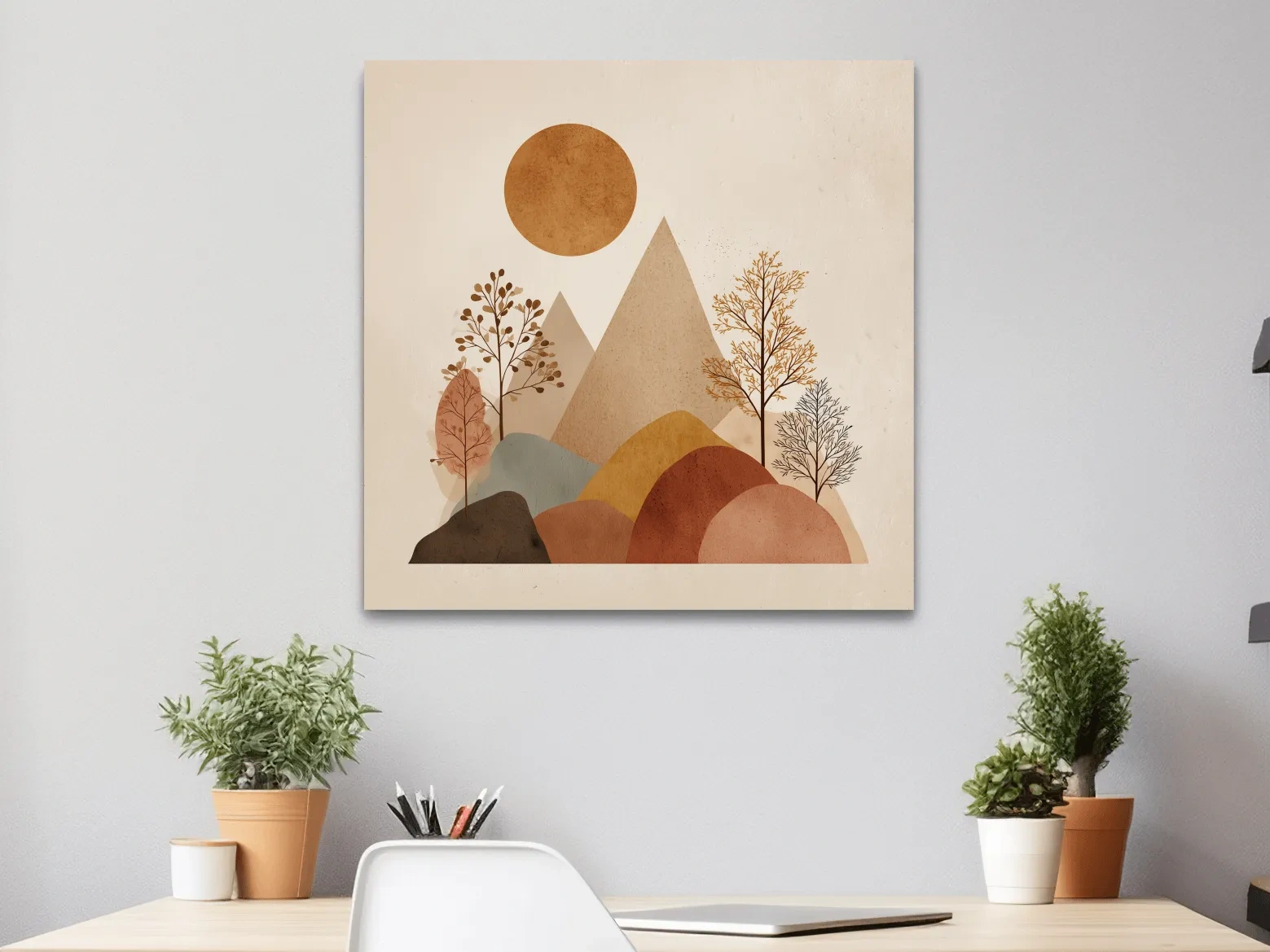 Minimalist Scandi Mountain Sunset Landscape - Boho Neutral Earth Tone Wall Art
