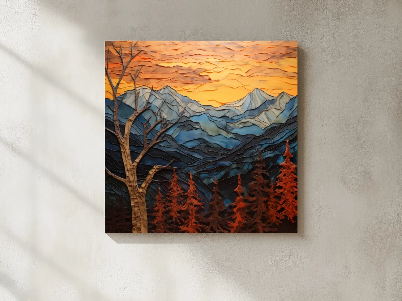 Faux Layered Paper Cut Alpine Mountain Sunset - Mixed Media 3D Landscape Wall Art