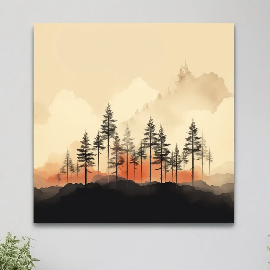 Minimal mountain artwork, tree line in the mist